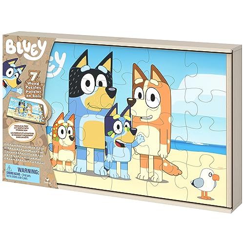 Spin Master Games Bluey 7-Pack Wooden Puzzles with Storage Tray for Kids | Includes 7 Wooden Puzzles, Screen-Free Activity, Develops Fine Motor Skills & Dexterity, Features Bluey & Family, Ages 4+