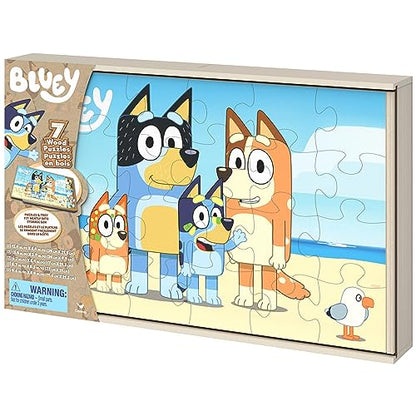 Spin Master Games Bluey 7-Pack Wooden Puzzles with Storage Tray for Kids | Includes 7 Wooden Puzzles, Screen-Free Activity, Develops Fine Motor Skills & Dexterity, Features Bluey & Family, Ages 4+