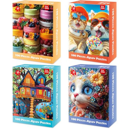 4-Pack 100 Piece Puzzles - Cakes Tree House Cats Puzzle for Kids Ages 4-8 8-10, 100 Piece Jigsaw Puzzle for Adults Seniors Children Learning Educational Puzzles Toys Birthday Xmas Gifts for Girls Boys - style: Cakes Tree House & Cats