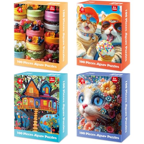 4-Pack 100 Piece Puzzles - Cakes Tree House Cats Puzzle for Kids Ages 4-8 8-10, 100 Piece Jigsaw Puzzle for Adults Seniors Children Learning Educational Puzzles Toys Birthday Xmas Gifts for Girls Boys - style: Cakes Tree House & Cats