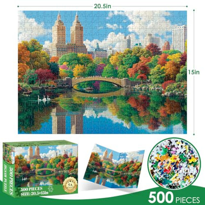 500 Piece Jigsaw Puzzles for Adults Seniors, NY Central Park Nature Puzzle | Lake Sence Bow Bridge Puzzle with Letters on Back,Interlock Perfectly Frameable,Challenging Family Game Great Gifts,20.5x15in - color: Lake View