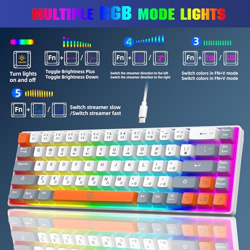 Snpurdiri 60% Percent Gaming Keyboard (68 Keys, White-Grey-Orange) | Ergonomic Compact RGB Backlit Small Gaming Keyboard for Windows, PC, Laptop - color: White Grey Orange