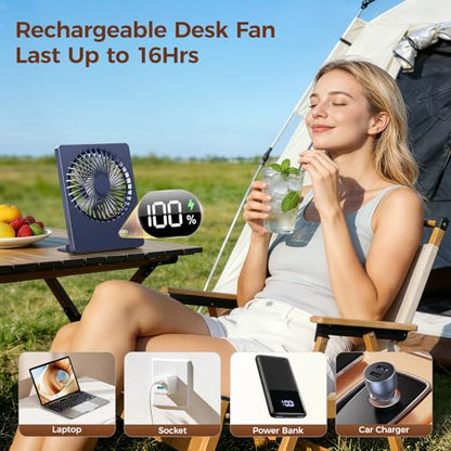 Zuvas Desk Fan Small Rechargeable Battery Table Fans for travel Ultra Quiet | 180° Tilt Folding, LED Dislay, Portable Fan Slim Design, 3 Speed Adjustable, for Office Bedroom Desktop, Cruise Essentials - color: Navy Blue