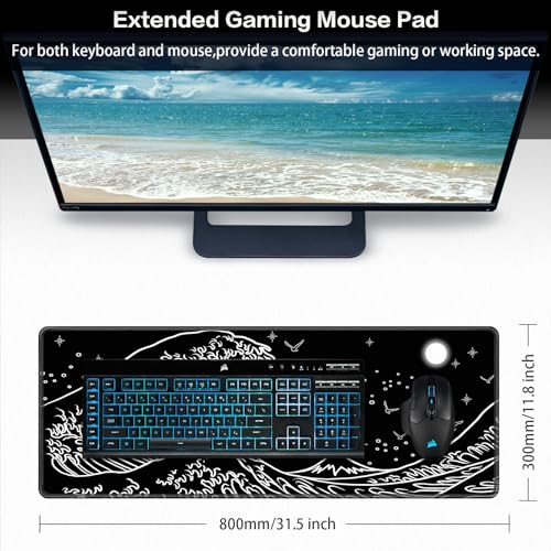 Canjoy Large Gaming Mouse Pad, 31.5x11.8in Computer Keyboard and Mouse Mat | Japanese Sea Wave XXL-Large Mouse pad Full Desk Mousepad Extended Computer Desk Pad with Rubber & Double Stitched - color: Black-Sea Wave, size: 800*300mm