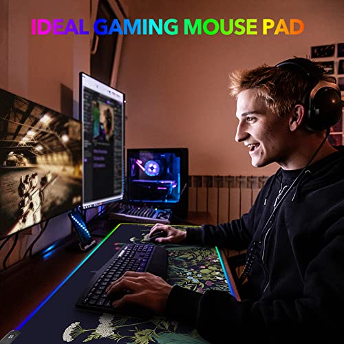 RGB Gaming Mouse Pad Large, AIMSA Keyboard Led Mousepad Extended 35.4 x 15.8 inch Non-Slip Rubber Base with 14 Lighting Modes, Big Desk Mat Waterproof, Flowers Plants - color: Flowers Plants