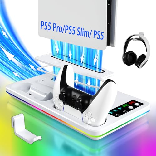 PS5/Slim/Pro Stand and Cooling Station with RGB Controller Charging Station for PlayStation 5 Console, PS5 Controller Charger, PS5 Cooling Stand, PS5/Slim/Pro Accessories Kit with 3 Level Cooler Fan - color: Line RGB-White1