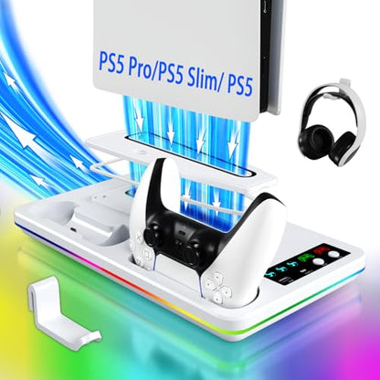 PS5/Slim/Pro Stand and Cooling Station with RGB Controller Charging Station for PlayStation 5 Console, PS5 Controller Charger, PS5 Cooling Stand, PS5/Slim/Pro Accessories Kit with 3 Level Cooler Fan - color: Line RGB-White1