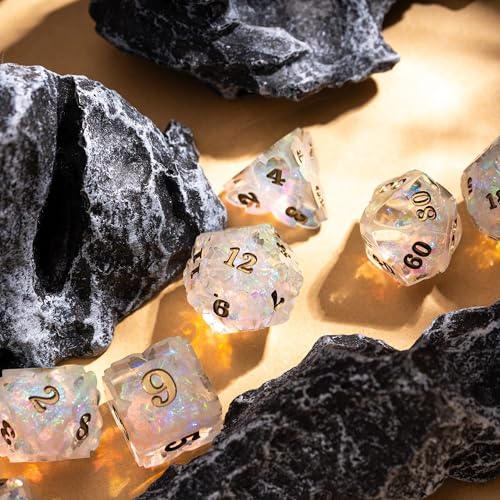 Cusdie Sharp Edge DND Dice, 7 PCS Shamrock DND Dice Set D&D D20 D12 D10 D8 D6 D4, Handcrafted Polyhedral Dice Set for RPG and Other Table Games(Transparent) - color: Transparent