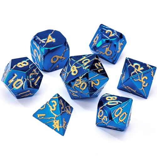 Metal Dice for DND - Ancient Cracked Lightning – Blue Gold Cracks | Beautiful 7pc Polyhedral Dice Set, Smooth Rolling, Role Playing Games (RPG), Compatible with D&D, for Dungeons and Dragons - color: Metal Blue Gold Lightning