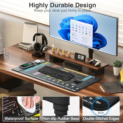 Wireless Charging Mouse Pad, 31.5"x15.8" Big Excel Cheat Sheet Desk Pad | Office Spreadsheet Keyboard Mat, Waterproof Ultra-Smooth Surface, Non-Slip Stitched Edge - color: Black-Excel Shortcuts-31.5"x15.8"