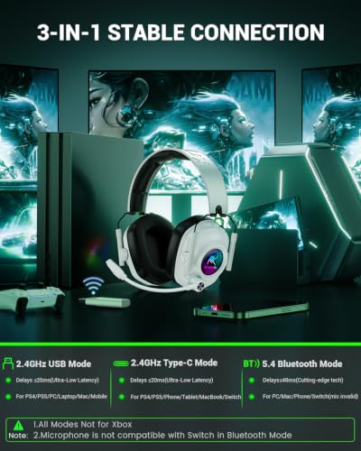 Krysenix Wireless Gaming Headset for PS5 & PC, 50mm Titanium Drivers, Low-Latency 2.4GHz & Bluetooth, Adjustable Noise-Cancelling Mic, Foldable RGB Over-Ear Headphones – White - color: White