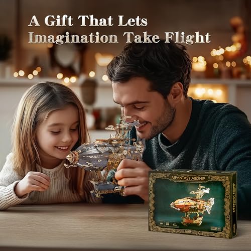 FUNPOLA LED 3D Wood Puzzle Fantasy Airship Model - Steampunk DIY Craft Kit with LED Lights – Intricate Wooden Airship Model Building Set for Adults(Gray) - color: Gray