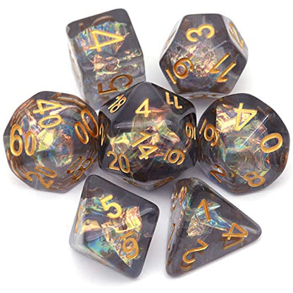 Haxtec Black DND Dice Set, 7 Pcs Iridescent Resin Polyhedral RPG Dice | Role Playing Games Dice with Velvet Pouch, Rounded Edge, Compatible with Dungeons and Dragons, Gifts for D&D Lovers - color: Black Gold