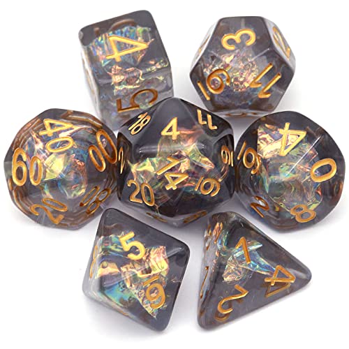 Haxtec Black DND Dice Set, 7 Pcs Iridescent Resin Polyhedral RPG Dice | Role Playing Games Dice with Velvet Pouch, Rounded Edge, Compatible with Dungeons and Dragons, Gifts for D&D Lovers - color: Black Gold