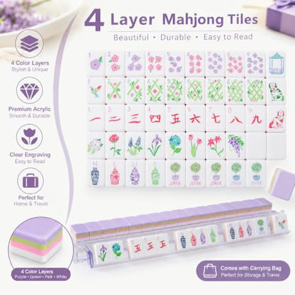 Mahjong Tiles Set, 4-Layer American Mahjong Tiles with 50 Chips,3 Dice & Blue Printed Carrying Bag Case, 160 Pcs Mahjong Sets with Acrylic Engraving for Home, Travel & Game Nights - color: Floral