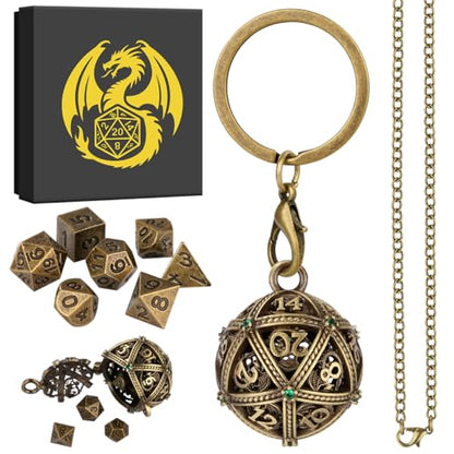 Mini DND Dice Set with Spherical Hollow D20 Metal Case Portable Keychain Necklace, Tiny 7pcs Polyhedral D&D Dice Set, DND Gifts with Gift Box, D&D Accessories for RPG（Green Diamond, Bronze） - color: Bronze