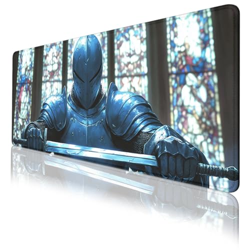 Knight Gaming Mouse Pad Gothic Fantasy Stained Glass Mousepad Extended Large Laptop Keyboard Non-Slip Rubber Base with Stitched Edges Office Computer Keyboard Laptop 31.5x11.8 Inch - color: Knight_12, size: 31.5L x 11.8W inches