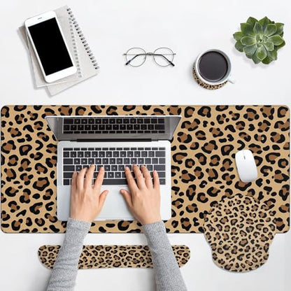 Arttown Keyboard Mouse Pad Set, 4 in 1 Desk Mat Set Leopard Cheetah | Animal Brown Black Large Mousepad+Keyboard Wrist Rest+Mouse Wrist Rest+Coaster Ergonomic Design for Home Office Computer - color: Leopard Print 1