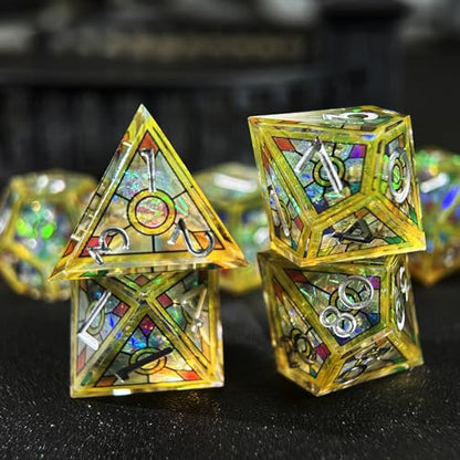 HAOMEJA Double Layered Resin Dice Set 7pcs/ Stained Glass Effect & Gold Numbers/Sharp Edged Polyhedral Dice/Apply to D&D/DND/Role Playing Game/RPG/Party Gift (Yellow Sky) - color: 1 Yellow Sky
