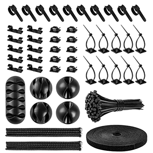 Cable Management Organizer Kit 2 Cable Sleeve Split with 41Self Adhesive Cable Clips Holder, 10pcs and 2 Roll Self Adhesive tie and 100 Fastening Cable Ties for TV Office Home Electronics etc - color: Black