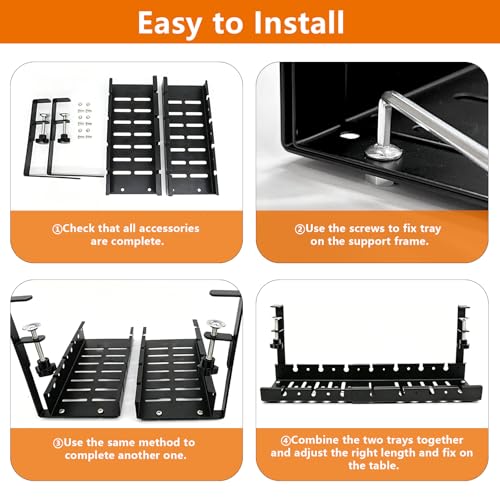 Under Desk Cable Management Tray, Expandable 25.2inch-38.6inch No Drill Clamp-On Wire Organizer, Heavy Duty Metal Cord Hider for Standing Desk Home Office, Black