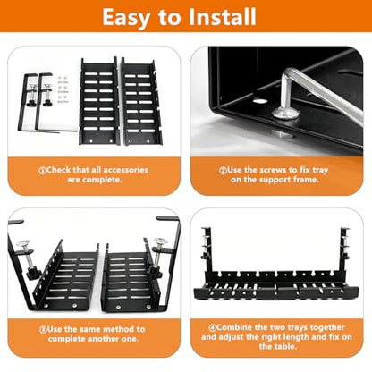 Under Desk Cable Management Tray, Expandable 25.2inch-38.6inch No Drill Clamp-On Wire Organizer, Heavy Duty Metal Cord Hider for Standing Desk Home Office, Black