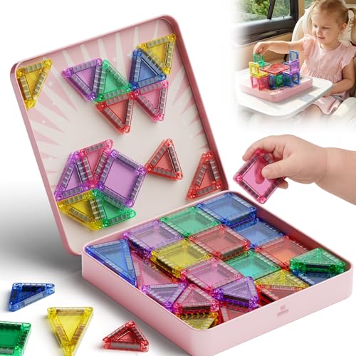 Mini Magnetic Tiles for Girls Travel: 60 PCS Pink Magnet Building Blocks in Tin Box to Stop Crying - 60 Mins Quiet Play 30s Cleanup Toy - Car Airplane Essentials Ages 3-8 - style: Pink 60PCS
