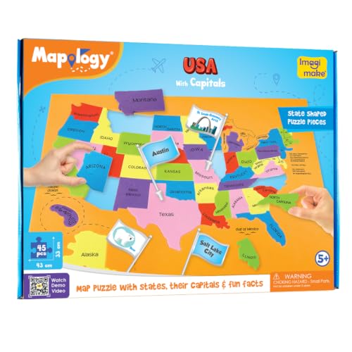 Imagimake Mapology USA Map Jigsaw Puzzle, Learn States, Capitals with Flags | Educational Geography Toy, 50 State Puzzle, Learn USA Capitals, Birthday Gift for Boy & Girl Ages 5,6,7,8,9,10,11,12 Year Old - style: USA Map with Capitals