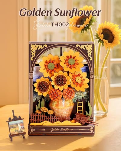 3D Wooden Puzzles for Adults - Van Gogh Golden Sunflower DIY Model Building Kits with LED Light - Gifts for Mothers Day - Home Decor, Wall Art & Unique Creative Gifts for Art Lovers/Men/Women - style: Golden Sunflower