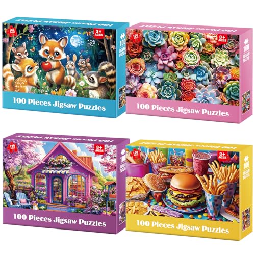 4 Packs 100 Piece Puzzles for Adults - Forest Animals, Flower Shop, Succulents, Hamburgers Large Piece Puzzles for Seniors Adults Jigsaw Puzzle for Kids Ages 6-8 8-10 Learning Educational Puzzles Gift - color: Forest Animals, Flower Shop, Succulents, Food
