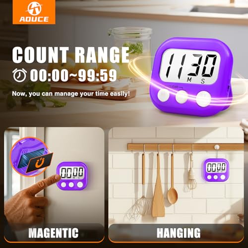 2 Pack Digital Kitchen Timer for Cooking Big Digits Loud Alarm Magnetic Backing Stand Cooking Timers for Baking Purple - color: Purple