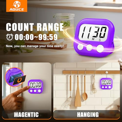 2 Pack Digital Kitchen Timer for Cooking Big Digits Loud Alarm Magnetic Backing Stand Cooking Timers for Baking Purple - color: Purple