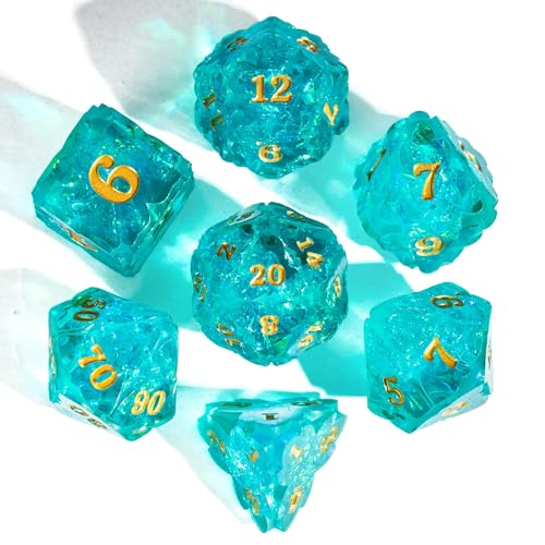 Cusdie Sharp Edge DND Dice, 7 PCS Shamrock DND Dice Set D&D D20 D12 D10 D8 D6 D4, Handcrafted Polyhedral Dice Set for RPG and Other Table Games(Cyan) - color: Cyan