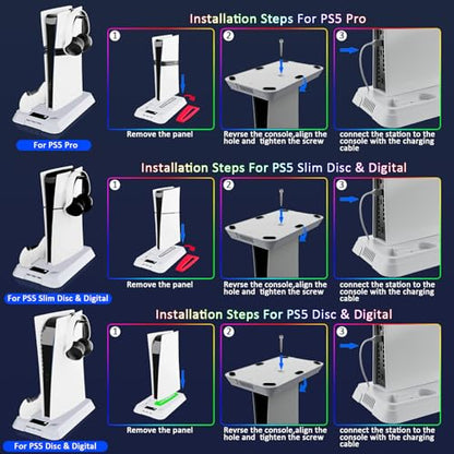PS5/Slim/Pro Stand for PlayStation 5 Disc & Digital Console, PS5 Cooling & Charging Station, PS5 Controller Charger Incl.3 Level Fan,Headset, PS5/Slim/Pro Accessories Comes 3 USB Ports - color: White-1