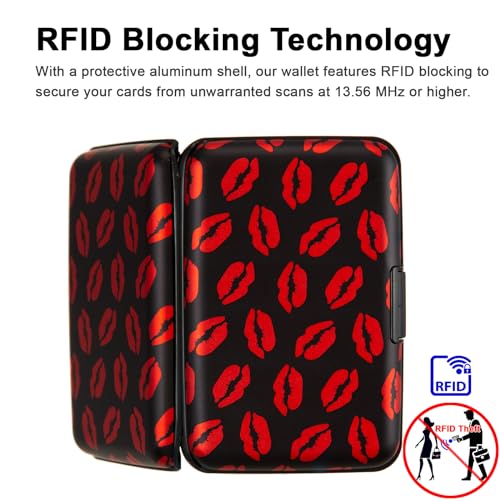 Credit Card Holder, Metal Card Wallet RFID Blocking Mini Slim Aluminum Business Hard Card Case for Women Men (Red Lips) - color: Red Lips
