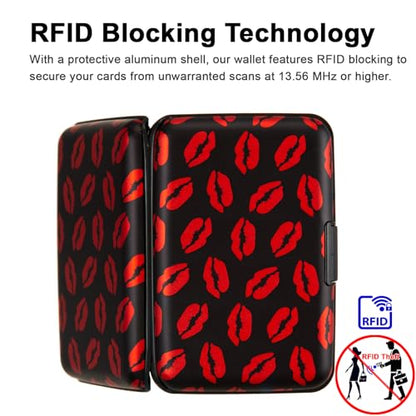 Credit Card Holder, Metal Card Wallet RFID Blocking Mini Slim Aluminum Business Hard Card Case for Women Men (Red Lips) - color: Red Lips