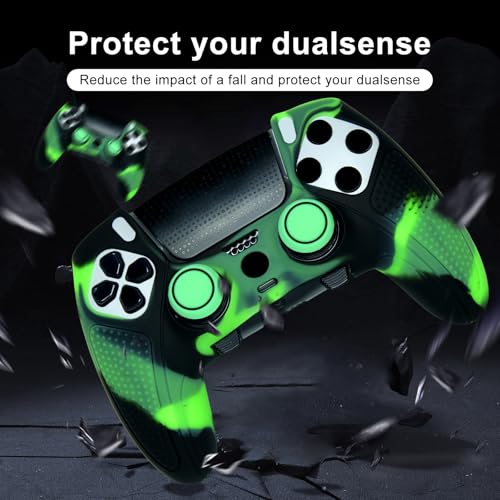 Green Black Anti-Slip Controller Skin,Studded Edition Protective Silicone Cover Skin Grips Compatible with PS5 Edge Controller and 6 PCS Thumb Grips Caps. - color: Green Black