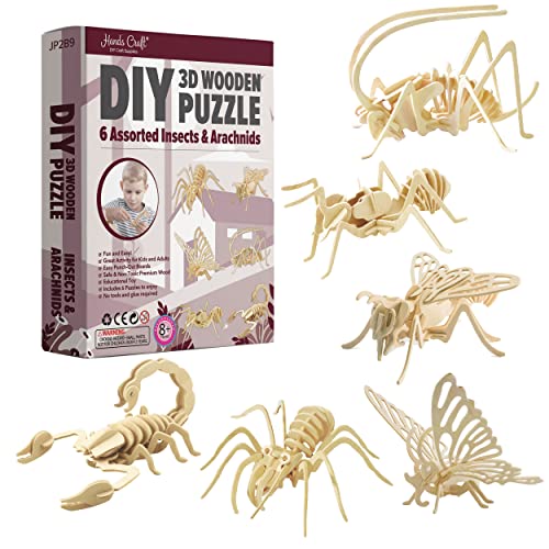 Hands Craft DIY 3D Wooden Puzzle – 6 Assorted Insects & Arachnids Bundle Pack Brain Teaser Puzzles Educational STEM Toy Adults and Kids to Build Safe and Non-Toxic Easy Punch Out Premium Wood JP2B9 - color: Insects & Arachnids
