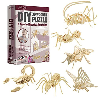 Hands Craft DIY 3D Wooden Puzzle – 6 Assorted Insects & Arachnids Bundle Pack Brain Teaser Puzzles Educational STEM Toy Adults and Kids to Build Safe and Non-Toxic Easy Punch Out Premium Wood JP2B9 - color: Insects & Arachnids