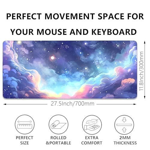 Stars Sky Dark Blue Cosmos Mouse Pad Desk Mat,Large Extended Gaming Mouse Pad with Stitched Edges,Non-Slip Waterproof Rubber Base for Office,Computer,Keyboard,Laptop and Home Desk Pad(27.5X11.8 in) - color: Blue Cloud