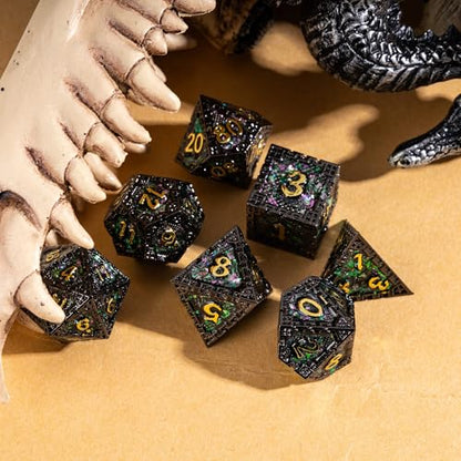 UDIXI Sequins Metal Dice Set D&D Dragon Metal DND Dice for Tabletop Games | 7-Pieces, Dragon Carved, Chain-edge Design, Metal Gift Box, DM Gift, for Dungeons and Dragons Role Playing Games - color: Chain Frame-green Purple Sequins