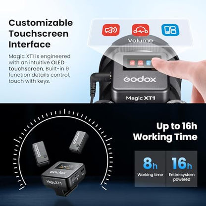 GODOX Magic XT1 Wireless Lavalier Microphone System | 48kHz 24-bit audio, touchscreen, noise reduction, 200m transmission, 16hr runtime, mono/stereo mode, with charging case