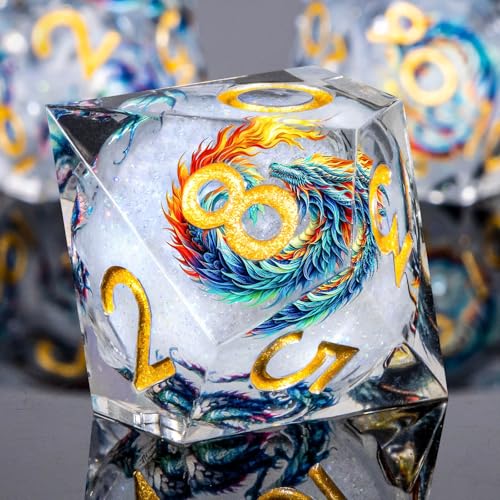 Roycevon Dragon Pattern Liquid Core DND Dice Set, 7Pcs Sharp Edge D&D Dice with Gift Box, Resin White Dungeons Dragons D and D Role Playing Dice D20 D12 D10 D8 D6 D4 - color: White Gold