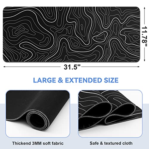 DIGSOM Gaming Mouse Pad, Black with White Topographic Line, 31.5x11.8in | XL Mouse mat, Smooth surface, Anti-slip rubber base, For keyboard and mouse, For home and office use - color: Black Topographic