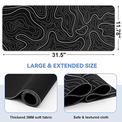DIGSOM Gaming Mouse Pad, Black with White Topographic Line, 31.5x11.8in | XL Mouse mat, Smooth surface, Anti-slip rubber base, For keyboard and mouse, For home and office use - color: Black Topographic