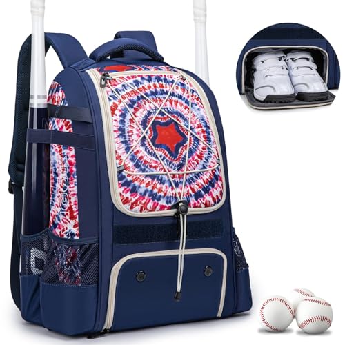 KAVIGOR Baseball Bag for Youth | Softball Backpack 50L Large Capacity with Shoe Compartment and 4 Bat Holders | Nova Flare Series - color: Blue