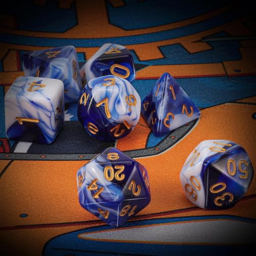 QMAY DND Dice Set - 7 Pcs Polyhedral Dice with D&D Dice Bag for Dungeon and Dragons, RPG, MTG, Role Playing Games Dice (Blue Mix White) - color: Blue and White