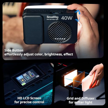 SmallRig RM 40C Mini LED RGB Video Light, 4800mAh Battery, LCD Display, Portable Camera Light for Tiktok Youtube Content Creators Photographer Gifts, 2500K-10000K CRI 96 TLCI 99, Magnetic Mount - 5359 - color: 40C RGB