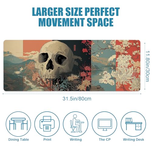 Japanese Skeleton Gaming Mouse Pad, Desk Mat, XL Extended Big Large Mousepad with Non-Slip Rubber Base, Laptop Computer Keyboard Mat Office&Home, 31.5x11.8in, Skull - color: Skull