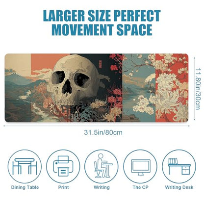 Japanese Skeleton Gaming Mouse Pad, Desk Mat, XL Extended Big Large Mousepad with Non-Slip Rubber Base, Laptop Computer Keyboard Mat Office&Home, 31.5x11.8in, Skull - color: Skull